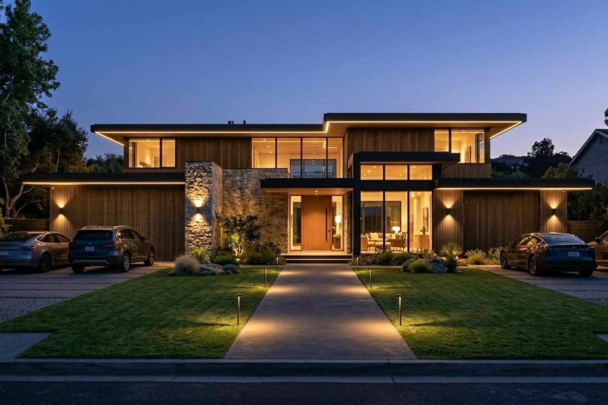 Modern home exterior at night with subtle LED strip lighting under eaves and minimalist wall sconces.