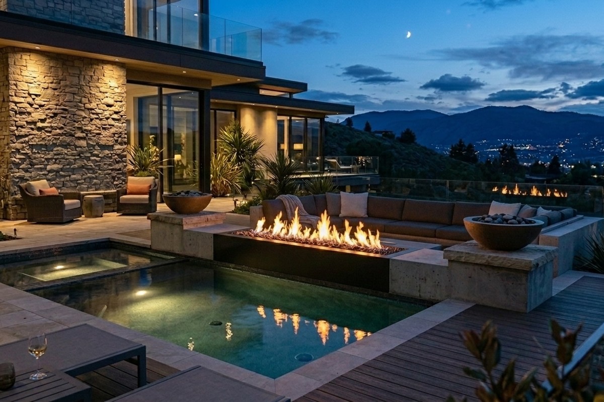 Luxurious pool deck at dusk with inviting fire features: a sleek linear fire pit, elegant fire bowls, and an outdoor fireplace.