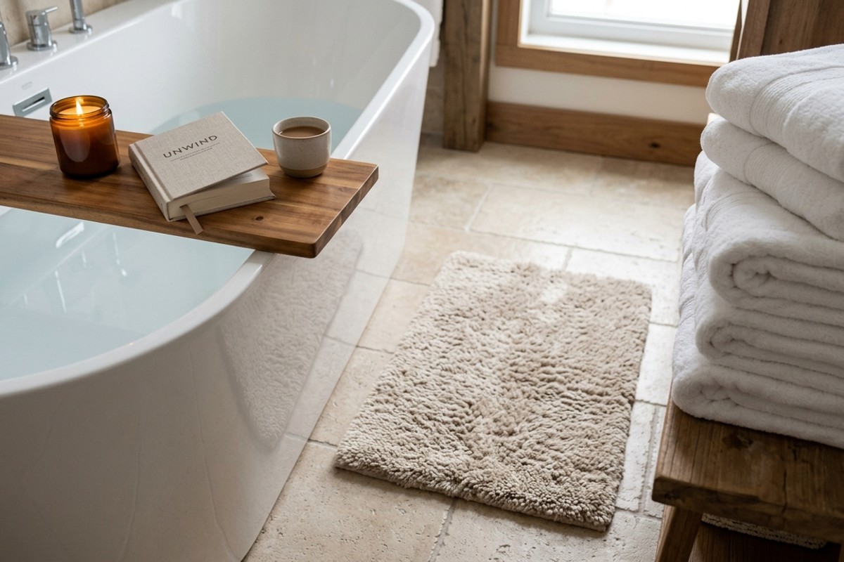 Plush bath mat and high-quality oversized towels, with a bath caddy holding a candle, adding comfort to a spa bathroom.