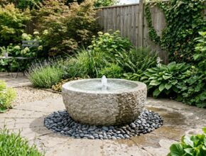 Small backyard featuring a bold focal point, such as a modern garden sculpture or miniature water feature.