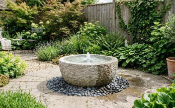 Small backyard featuring a bold focal point, such as a modern garden sculpture or miniature water feature.