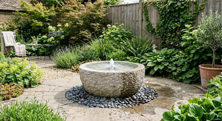 Small backyard featuring a bold focal point, such as a modern garden sculpture or miniature water feature.