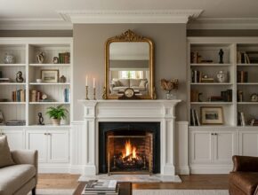 Living room with subtle architectural details: crown molding, wainscoting, and a redesigned fireplace mantel.