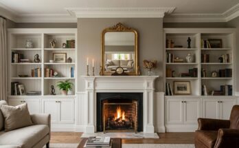 Living room with subtle architectural details: crown molding, wainscoting, and a redesigned fireplace mantel.