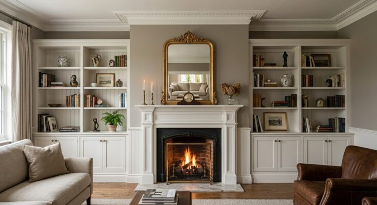 Living room with subtle architectural details: crown molding, wainscoting, and a redesigned fireplace mantel.