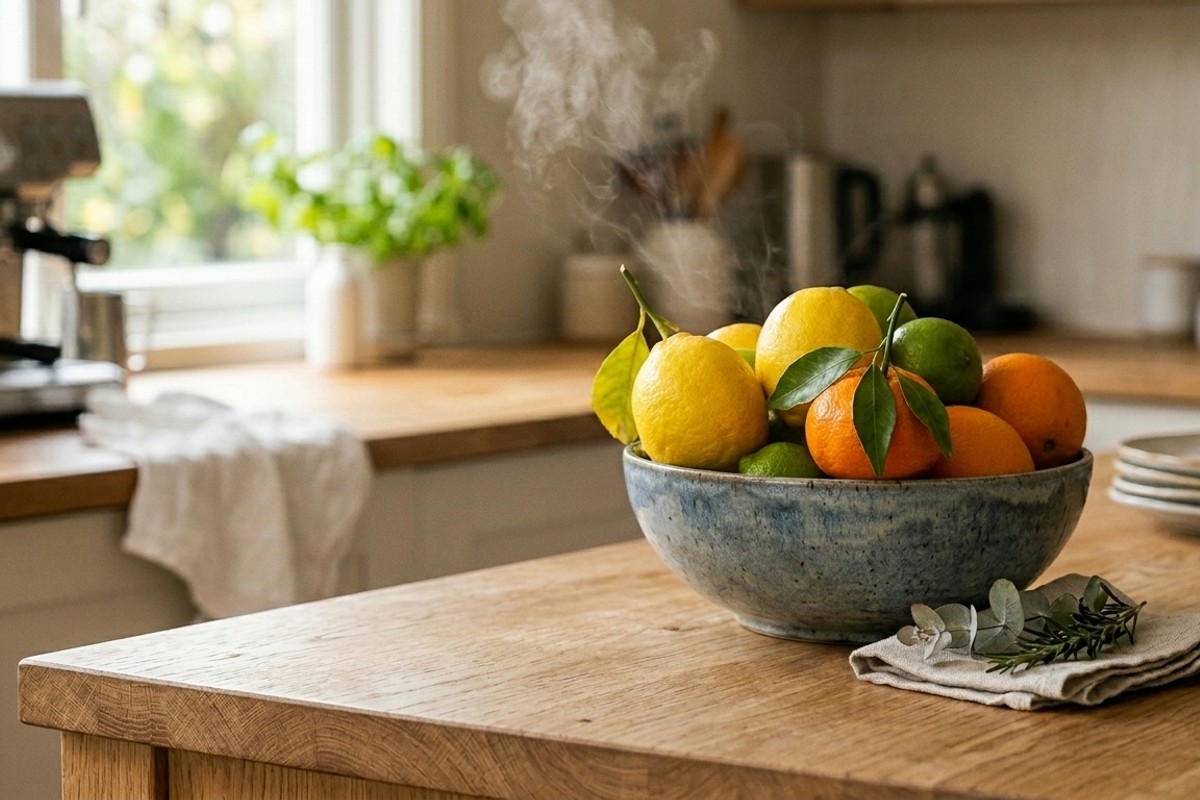 Kitchen counter with an essential oil diffuser and a bowl of fresh citrus, creating a welcoming aroma.