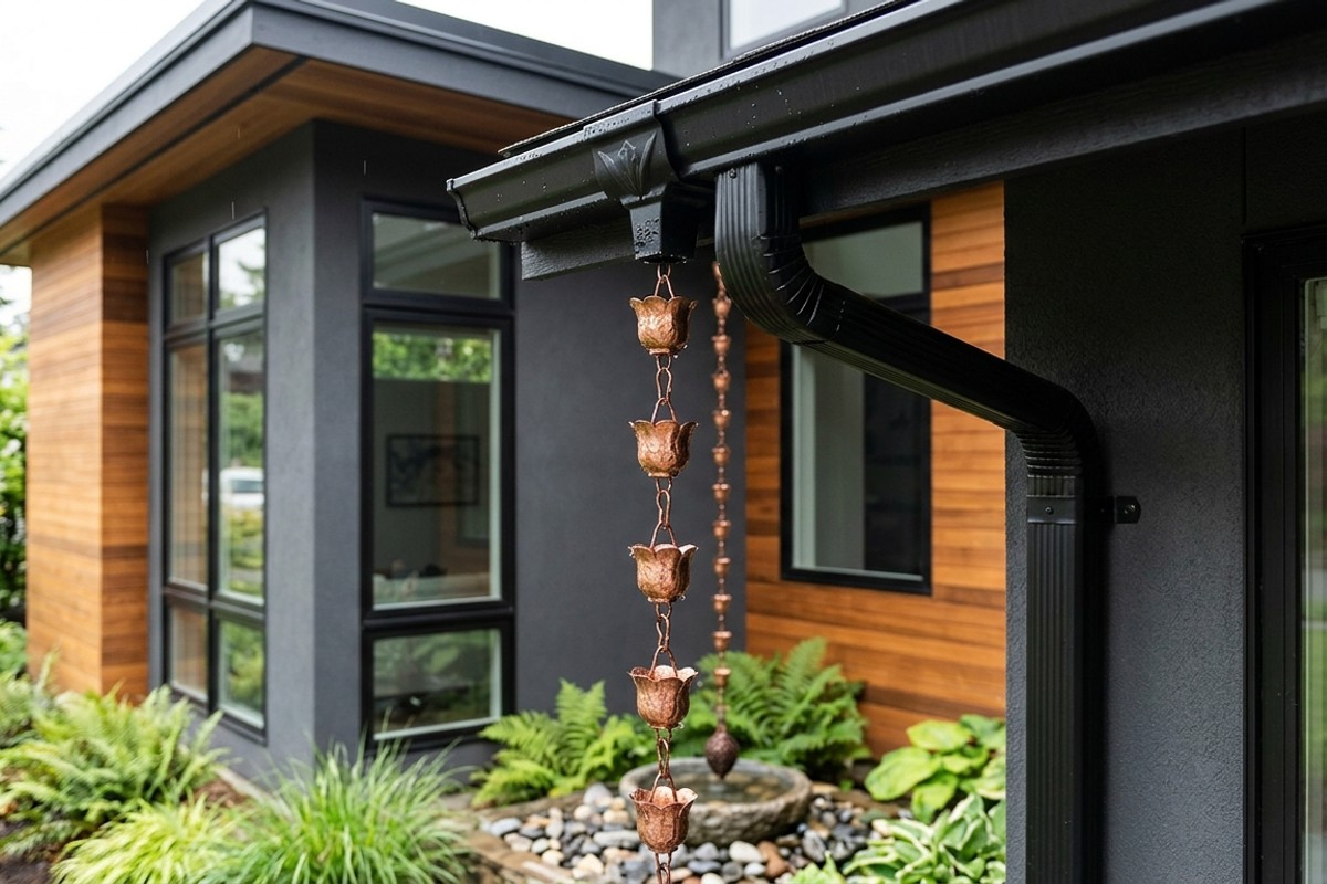 Chic copper rain chain and sleek black aluminum gutters as stylish facade design elements.