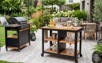 Portable outdoor bar cart set up on a patio for entertaining.