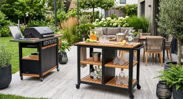 Portable outdoor bar cart set up on a patio for entertaining.