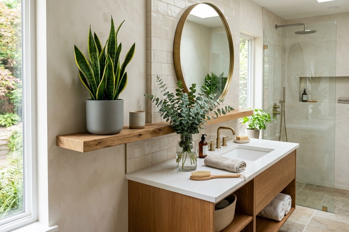 Serene bathroom with a snake plant on a shelf and a vase of eucalyptus on the vanity