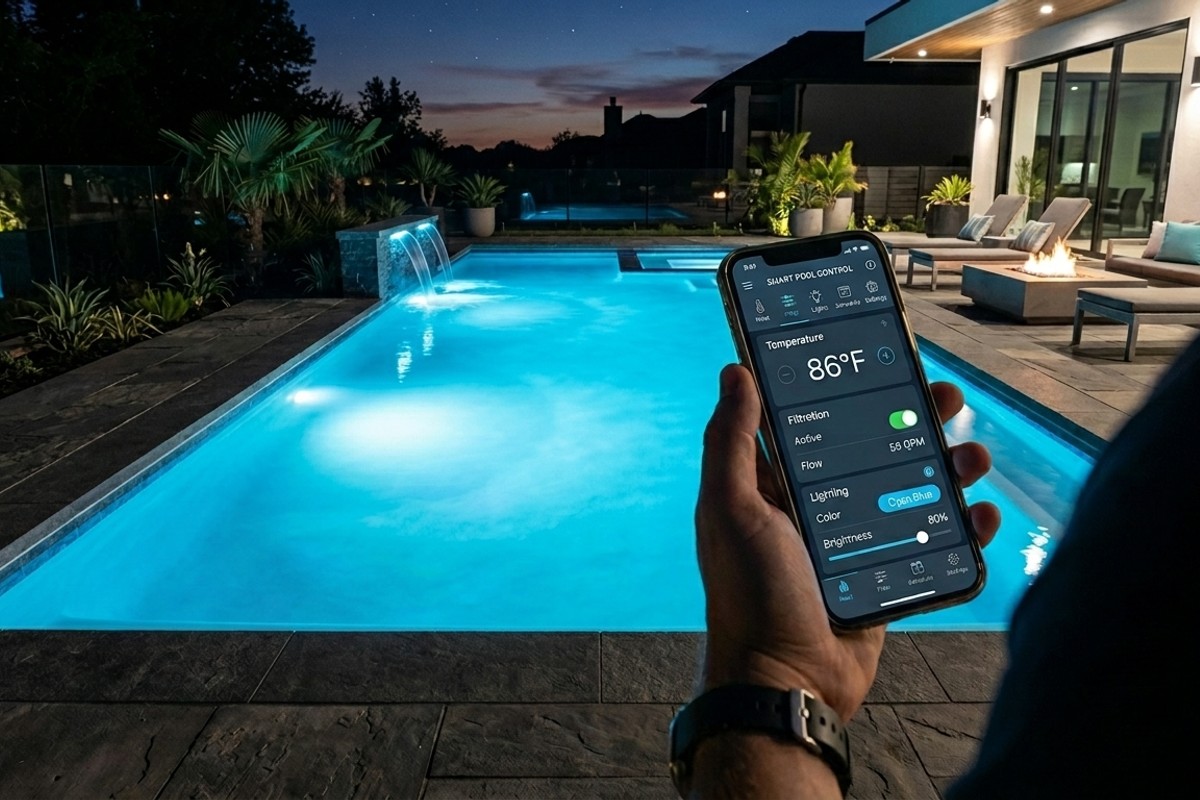 Smartphone controlling smart pool technology like heating and lighting, with a robotic pool cleaner