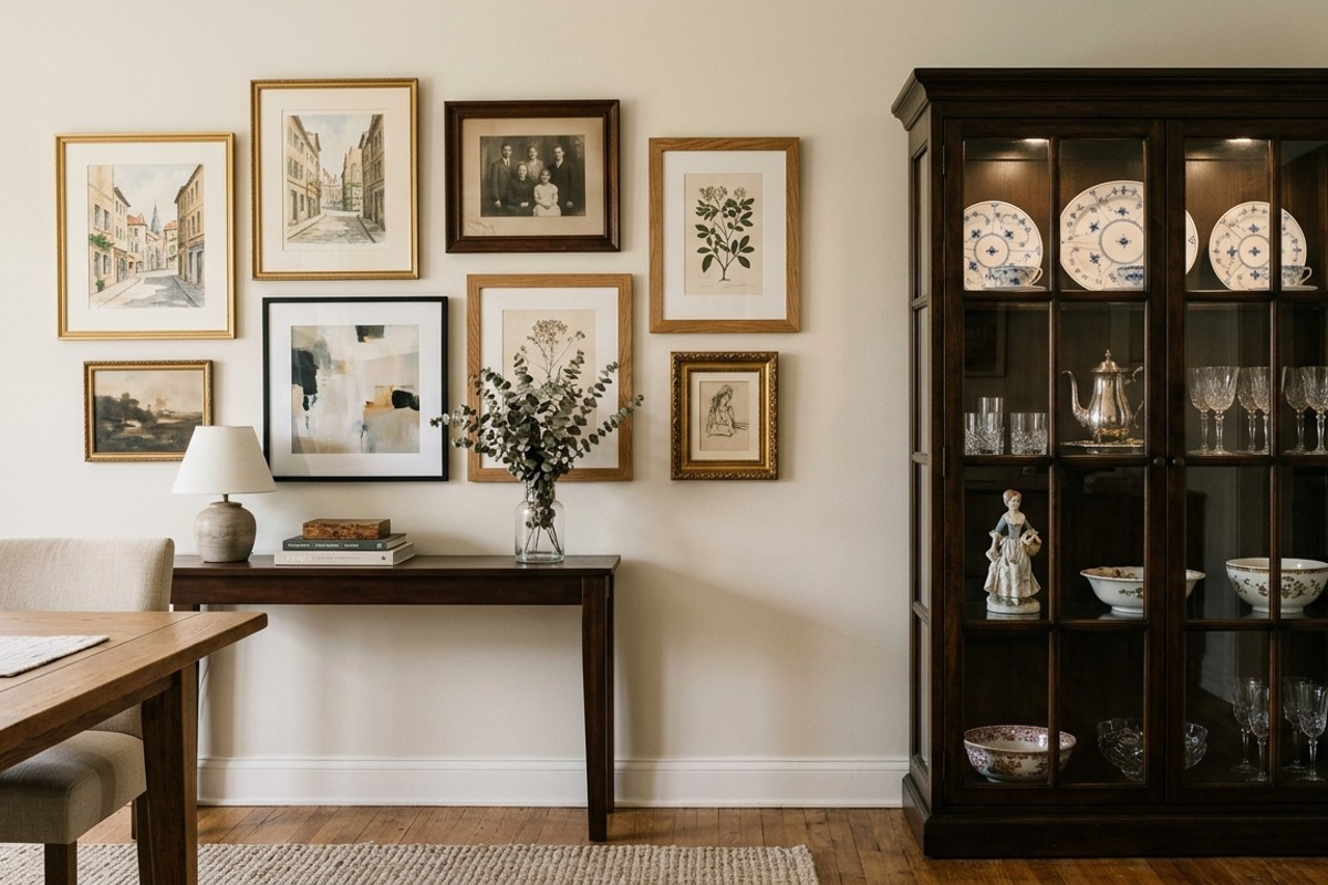 Dining room wall with a curated gallery of mixed media art.