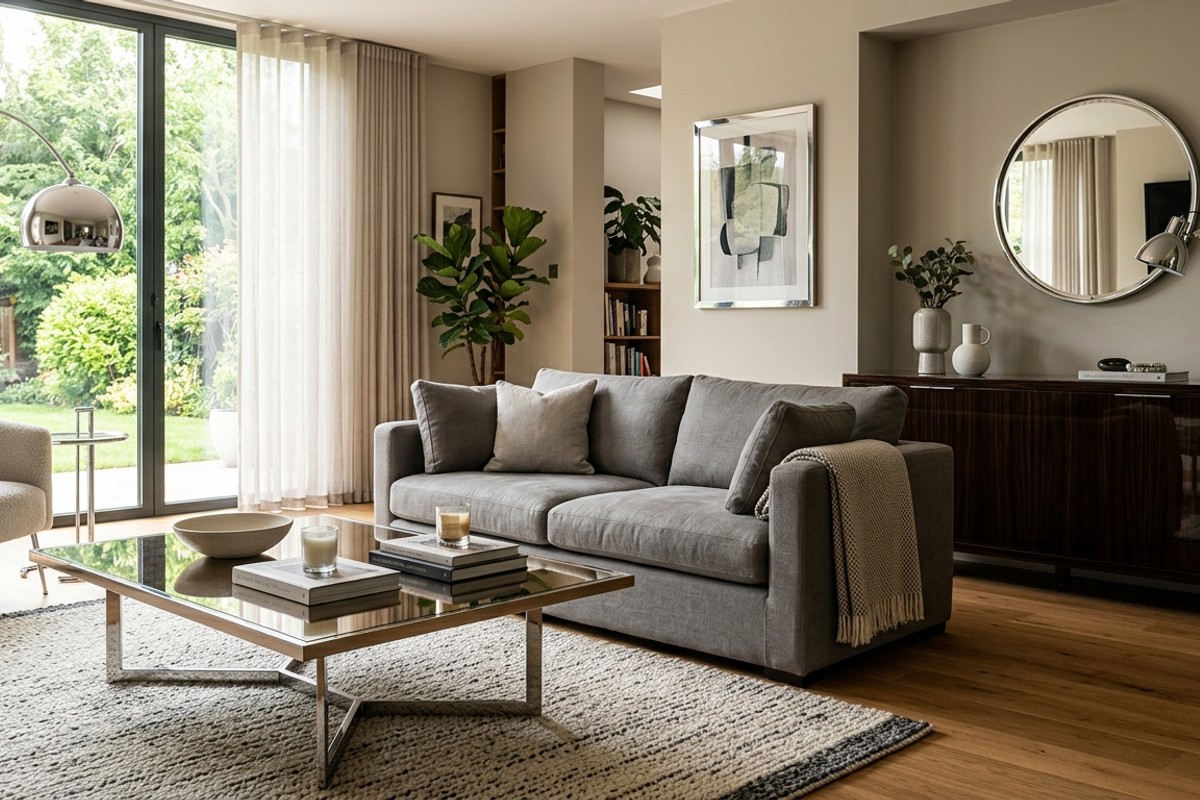 Living room featuring reflective surfaces like polished chrome accents, a glass tabletop, and lacquered finishes, enhancing light distribution and brightness.