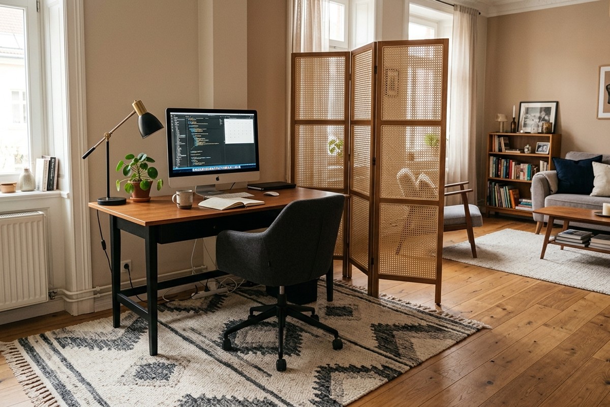 Home office area in a multi-purpose room, visually defined by a distinct rug and a stylish room divider screen for clear boundaries.
