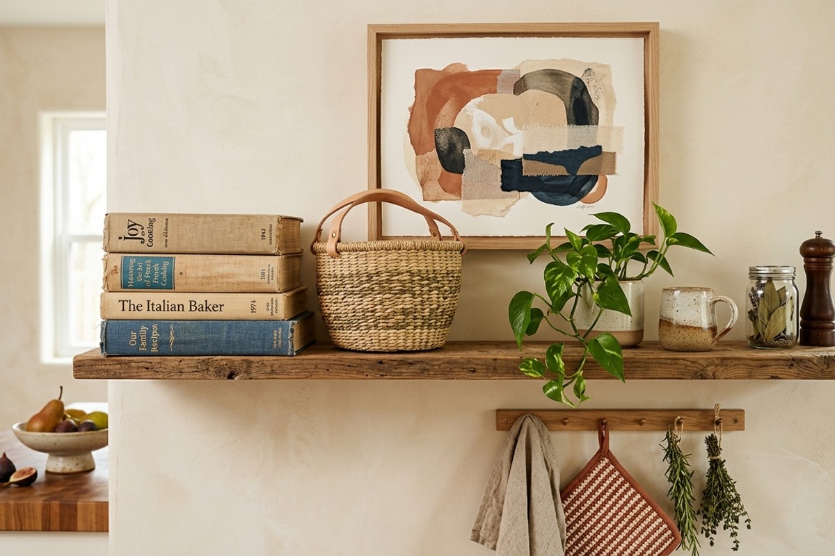 Kitchen shelf with heirloom cookbooks, woven baskets, and a piece of art adding personal touches