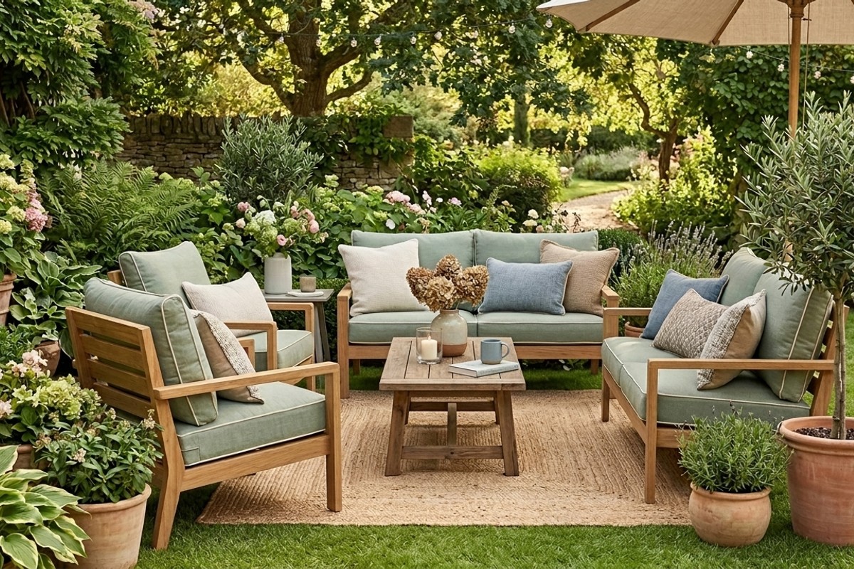 Outdoor relaxation space with sage green cushions, terracotta planters, and natural wood furniture, featuring a harmonious, earthy color palette.