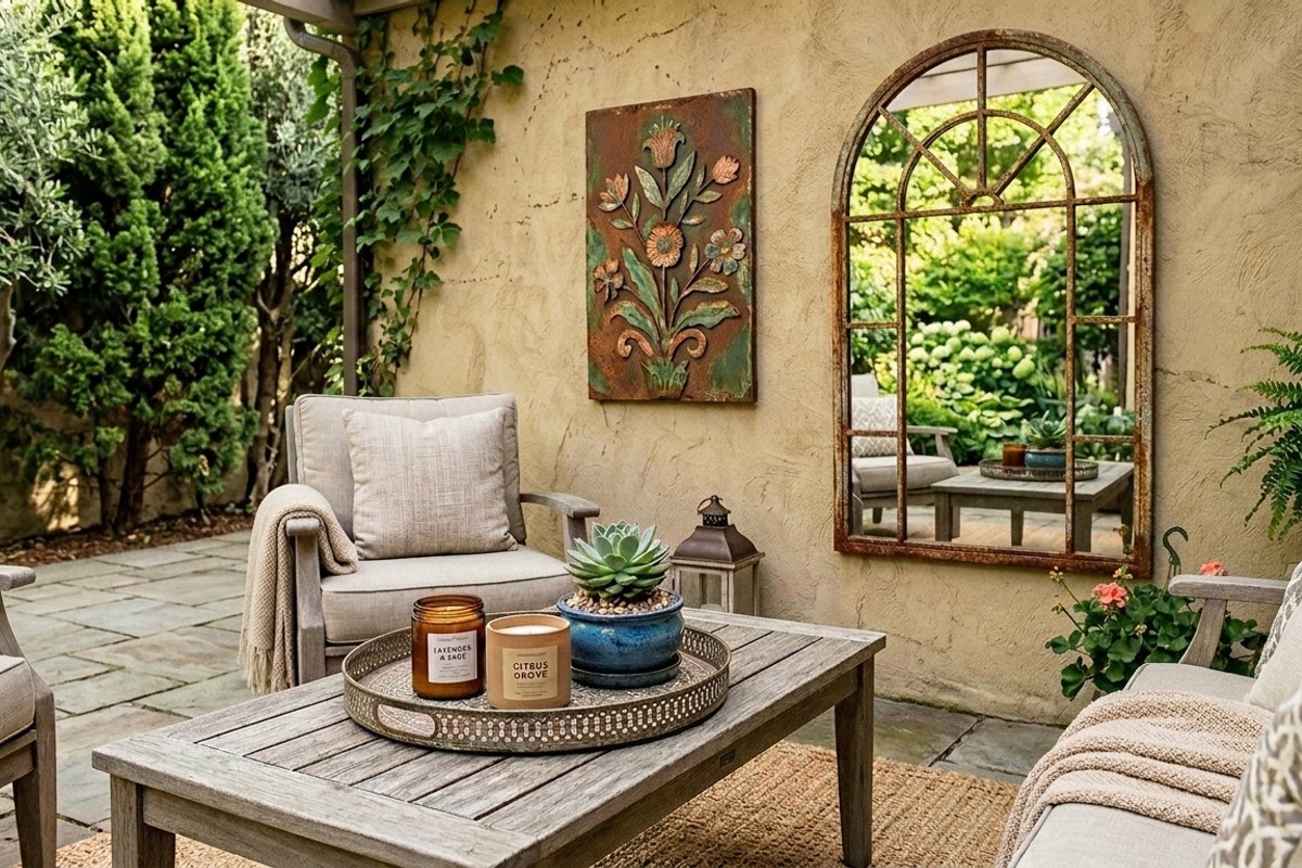 Patio decorated with outdoor art, a decorative tray with candles, and a weather-resistant mirror.
