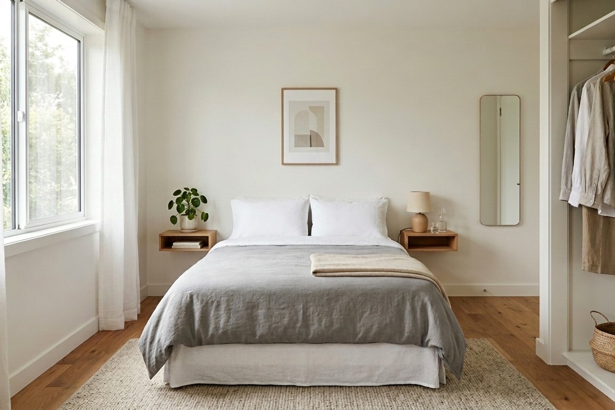 Minimalist, decluttered small bedroom with clear surfaces, promoting a tranquil and open atmosphere.