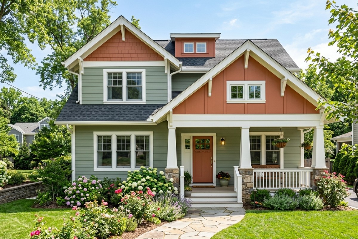 Home exterior with a distinctive paint scheme featuring a main color, contrasting trim, and accent color on gables.