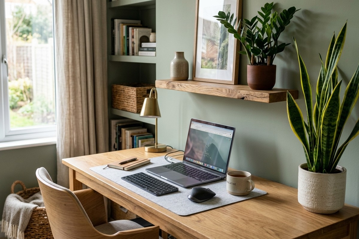 A productive home office with a snake plant on the desk and a ZZ plant on a shelf, adding greenery.