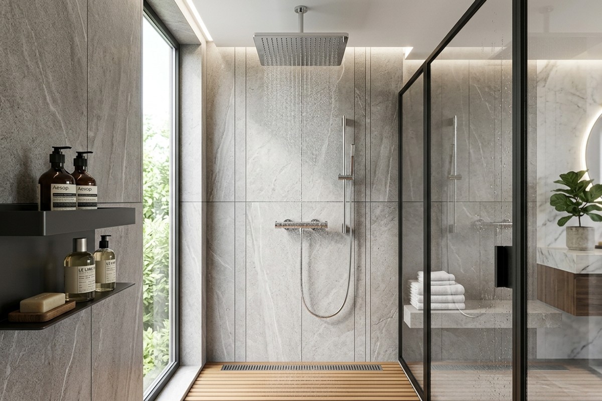 Luxurious shower with a large rain showerhead and an organized shower caddy.