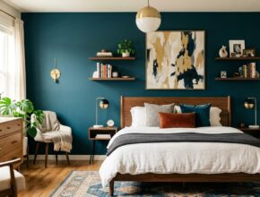 Bedroom featuring a bold accent wall painted in deep teal, making a strong design statement.