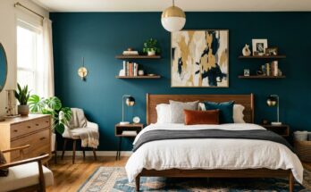 Bedroom featuring a bold accent wall painted in deep teal, making a strong design statement.