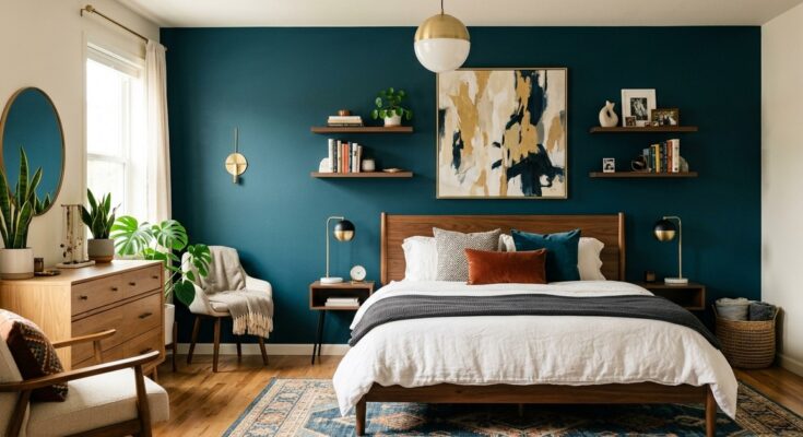 Bedroom featuring a bold accent wall painted in deep teal, making a strong design statement.