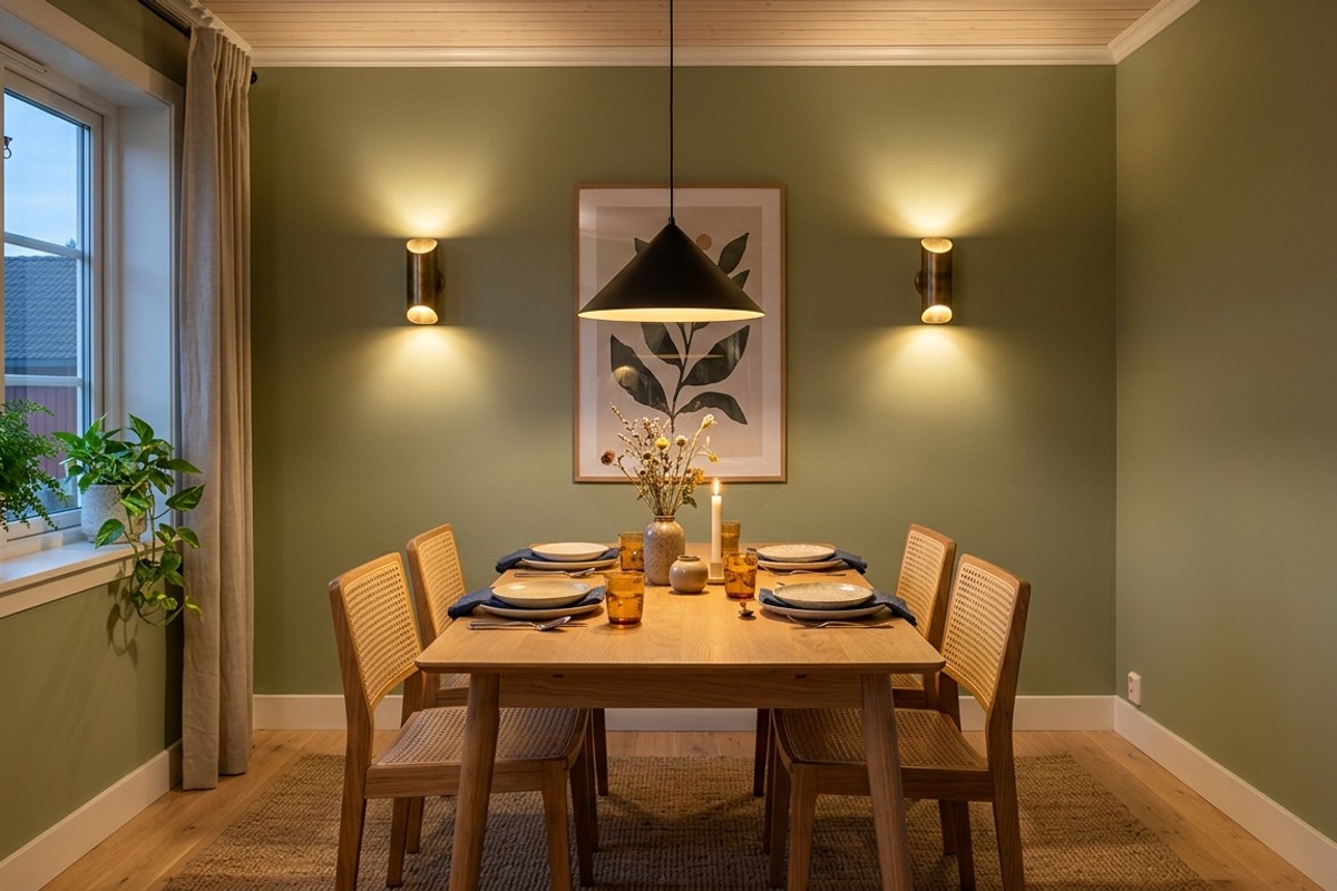 Sleek pendant light and wall sconces illuminating a small dining room without cluttering the floor.