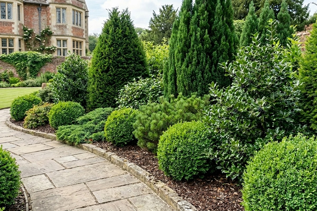 Garden border showcasing a variety of evergreen plants and structural shrubs like boxwoods and conifers, offering year-round beauty.