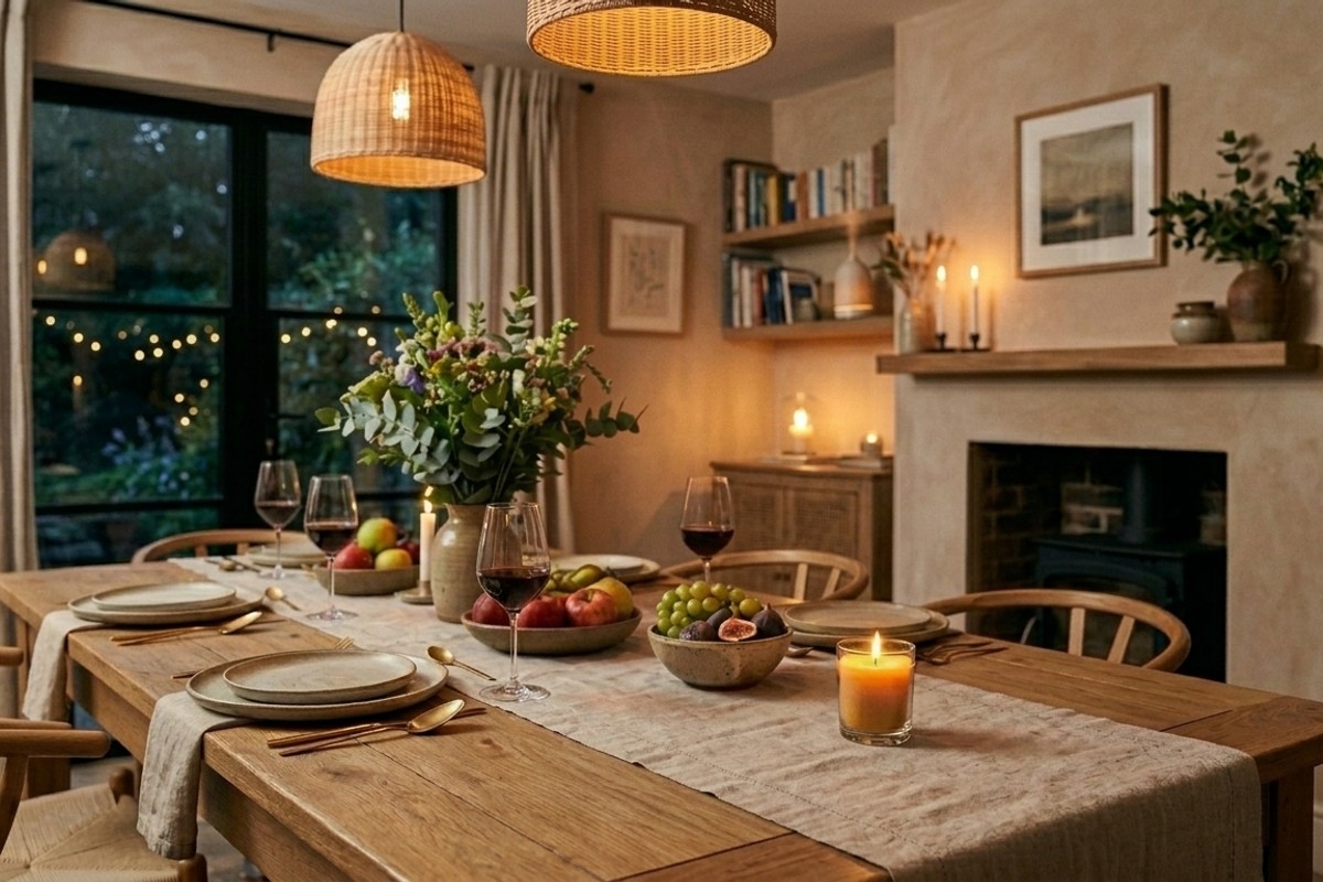 Inviting dining room ambiance with a subtle natural fragrance from an essential oil diffuser and quality candles.