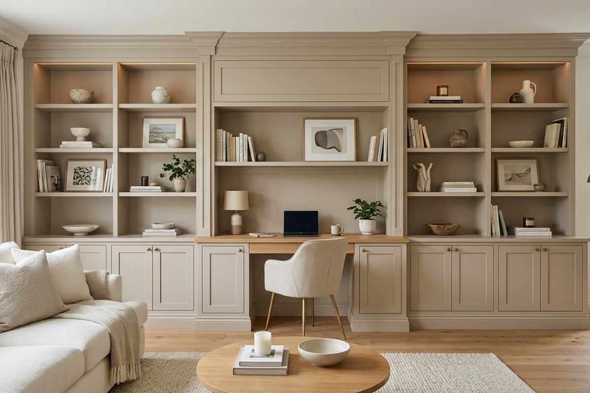 Custom built-in wall unit in a living room featuring a seamlessly integrated desk nook and matching storage.
