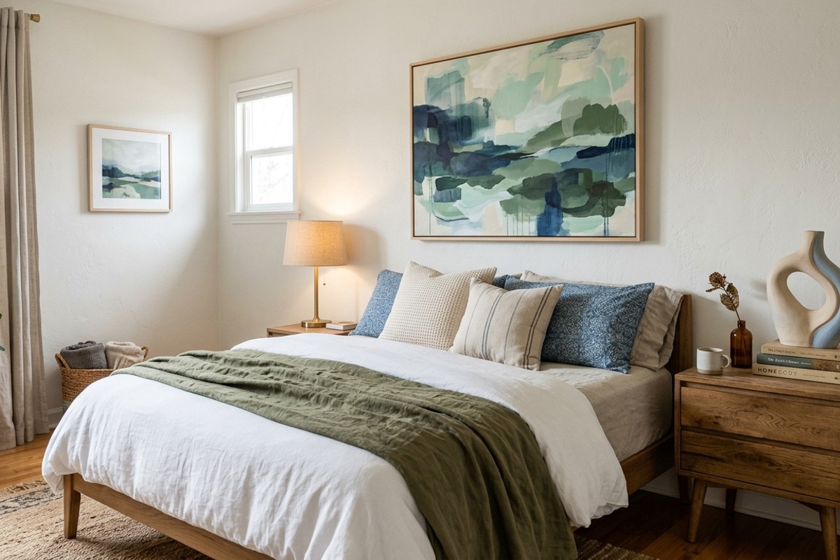 Bedroom corner with calming abstract artwork and a sculptural piece, representing meaningful decor.