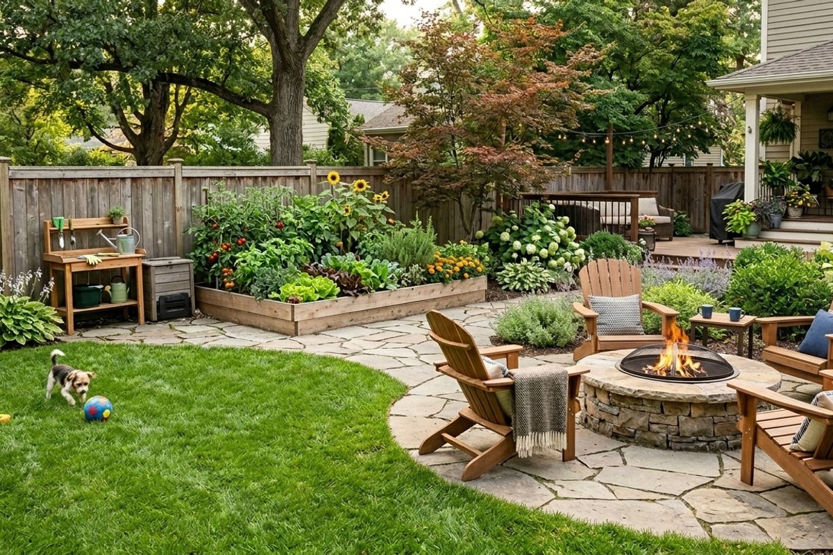 A multi-functional backyard with a grassy play area, stone fire pit, and a raised garden bed.