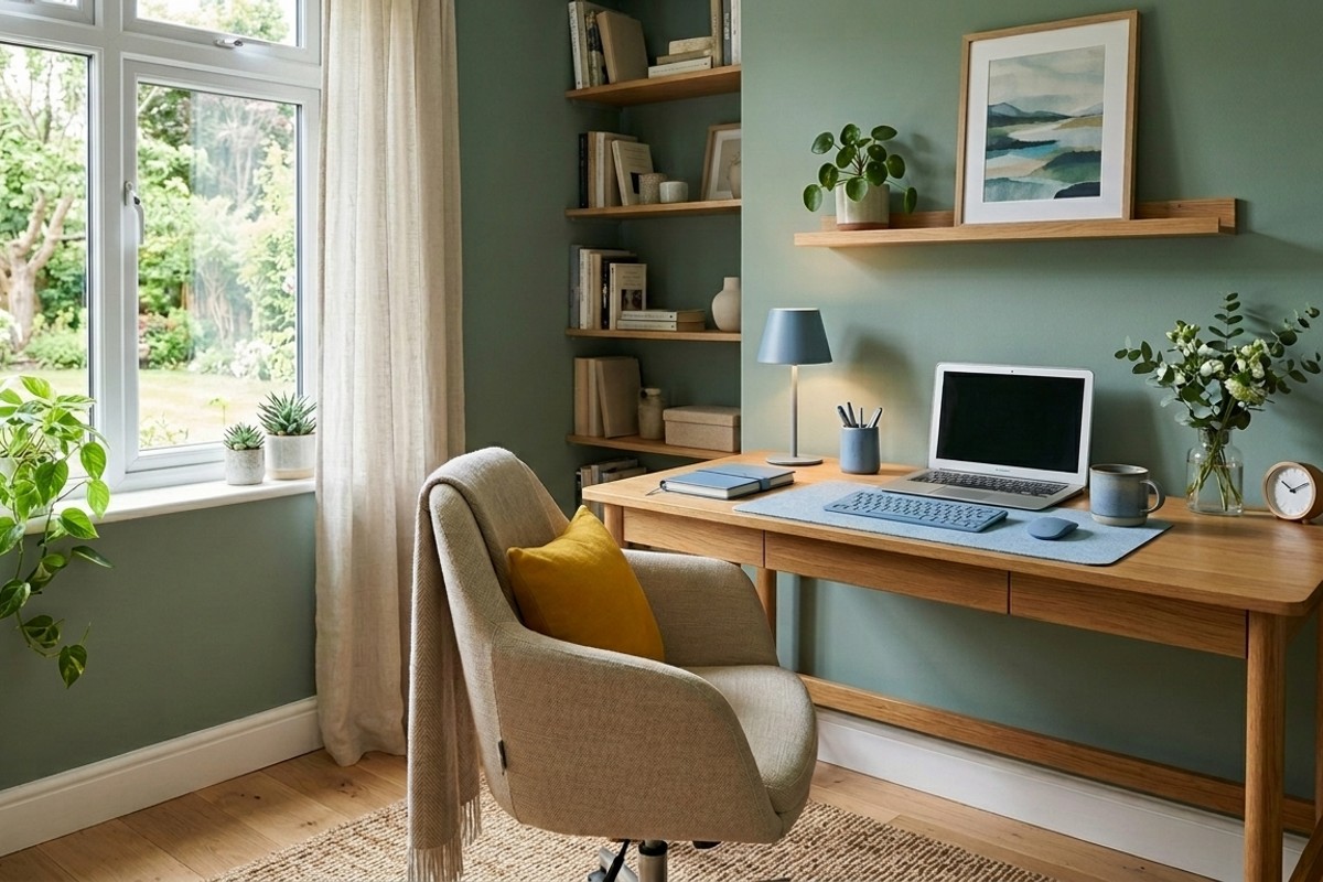 Home office with a mindful color palette of muted greens, soft blues, and warm neutrals.