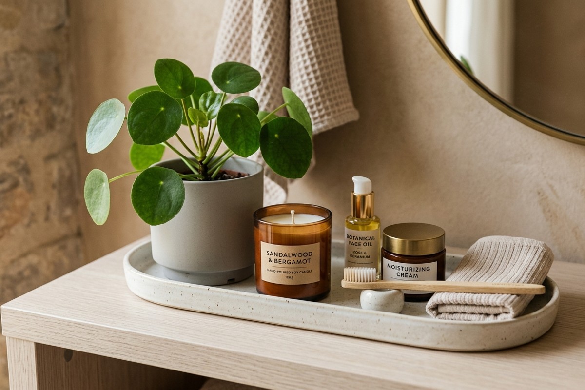 Bathroom accessories including a small plant, scented candles, and toiletries in a tray.