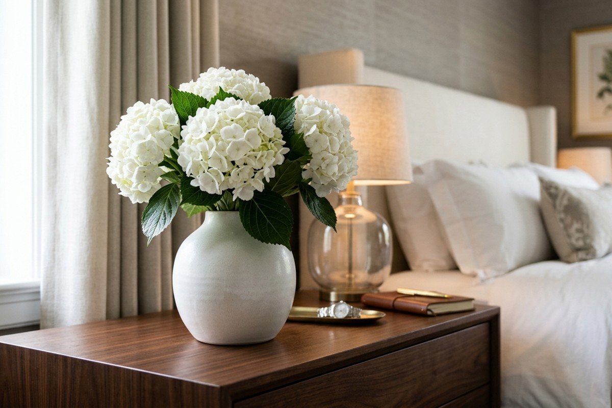 Vase of fresh white hydrangeas on a nightstand, adding natural elegance to a luxurious bedroom.