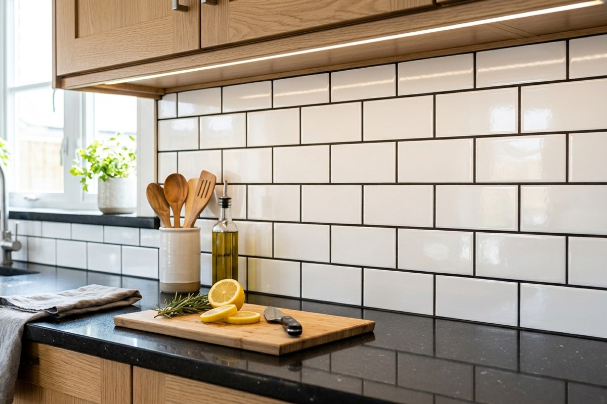 Modern kitchen backsplash featuring white subway tiles, providing both impact and practicality.