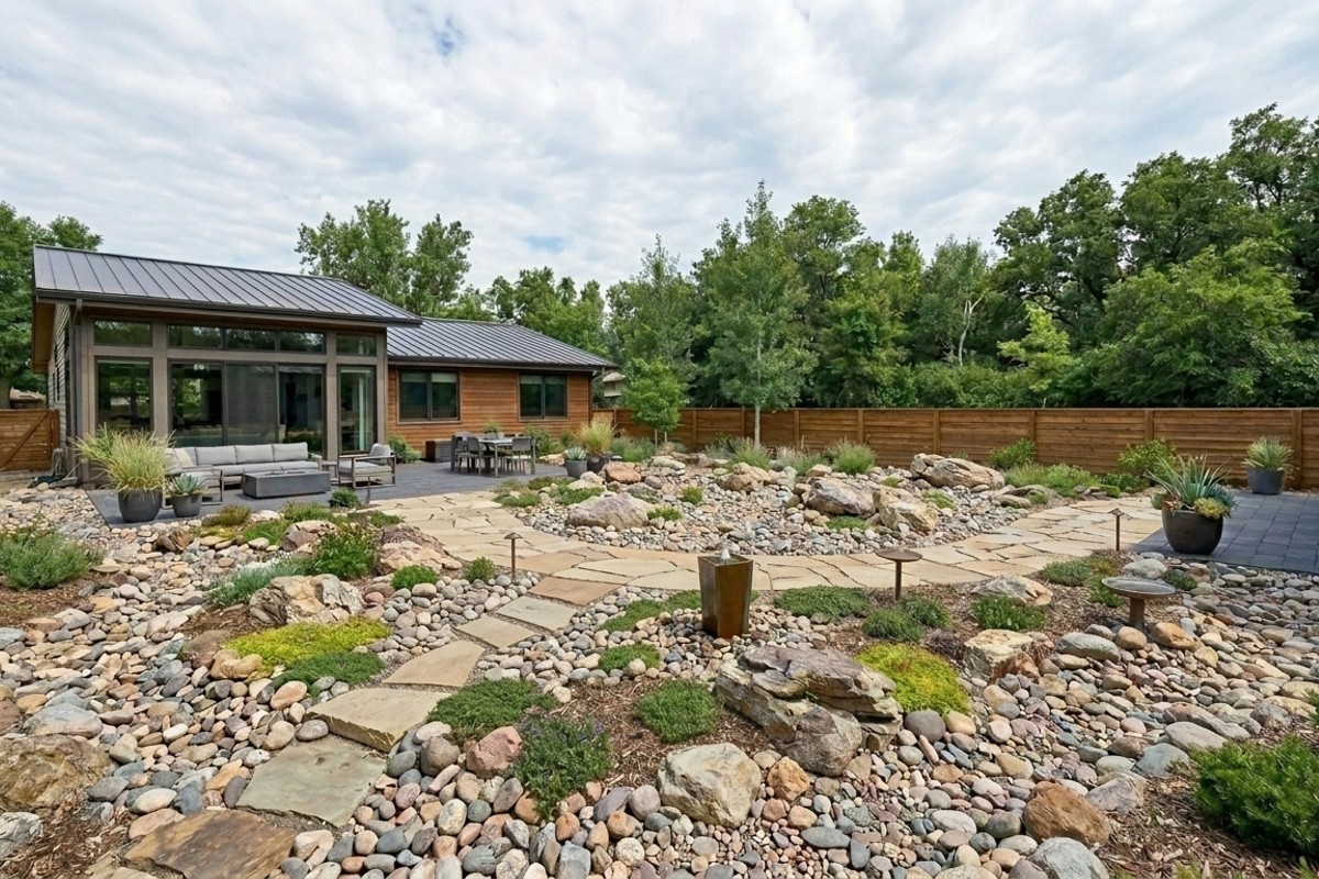 Backyard with reduced lawn area, showcasing a rock garden, ground covers, and native wildflower meadows.