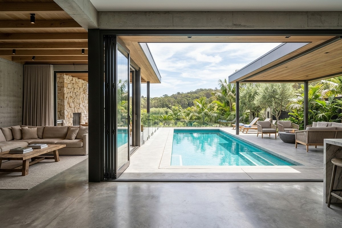 Seamless indoor-outdoor flow from a modern living room to a pool area via large, open bi-fold glass doors and a covered patio.