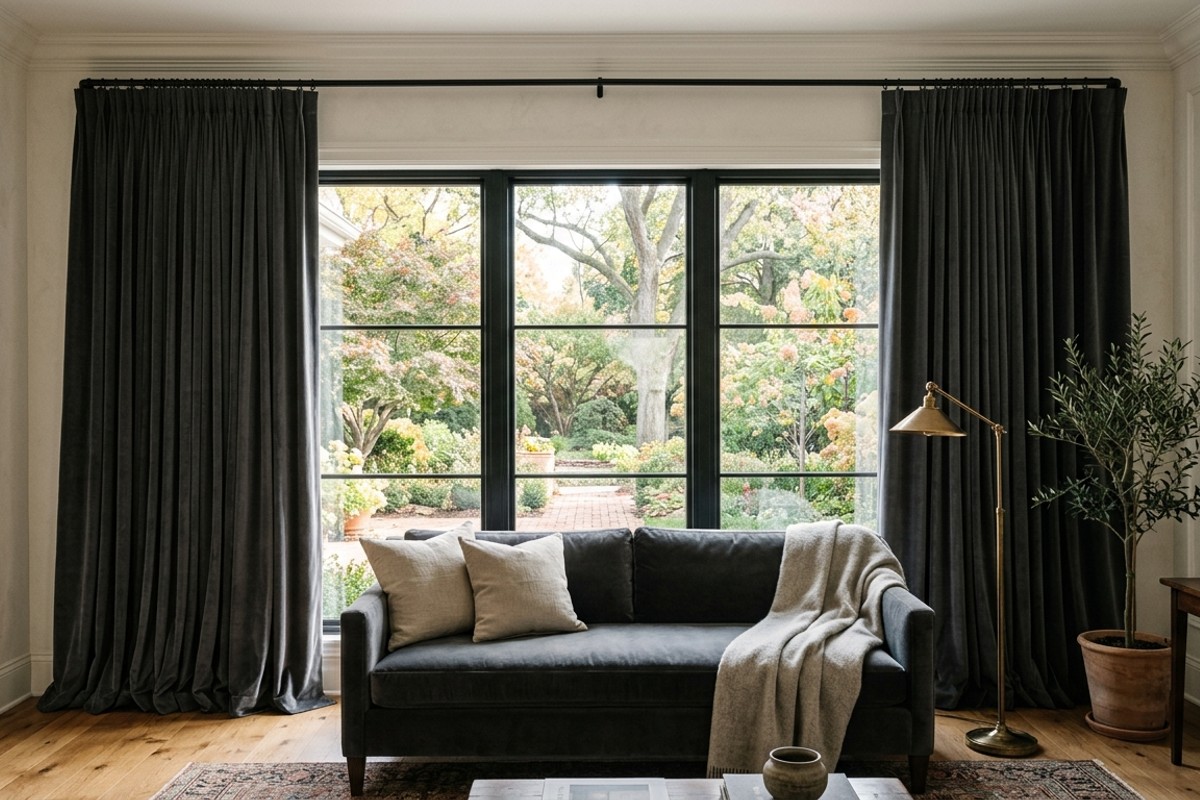 Sophisticated living room with floor-length, rich linen or velvet drapes hung high and wide on a window.