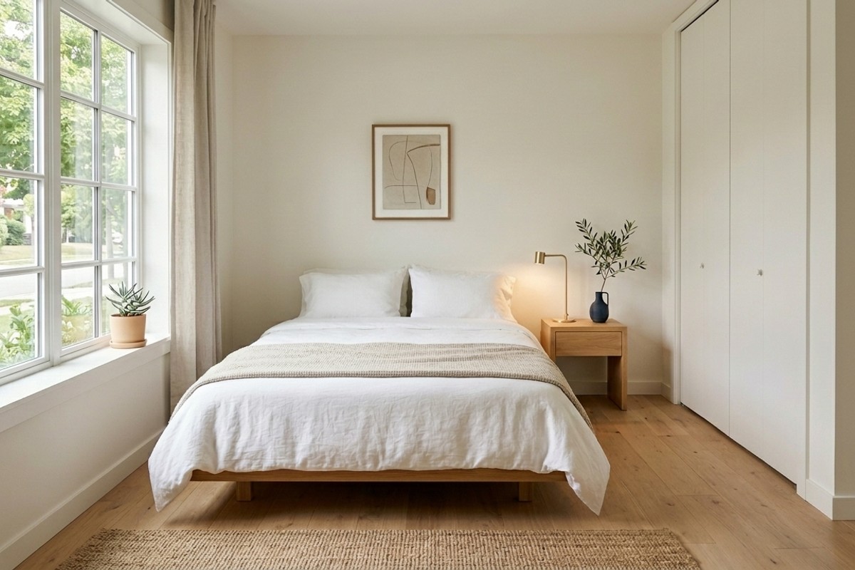 A perfectly decluttered and tidy small bedroom with minimalist decor