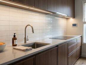 Clean and organized kitchen countertop, clutter-free and serene, highlighting tidy surfaces.