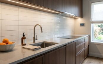 Clean and organized kitchen countertop, clutter-free and serene, highlighting tidy surfaces.