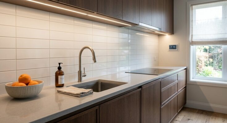 Clean and organized kitchen countertop, clutter-free and serene, highlighting tidy surfaces.