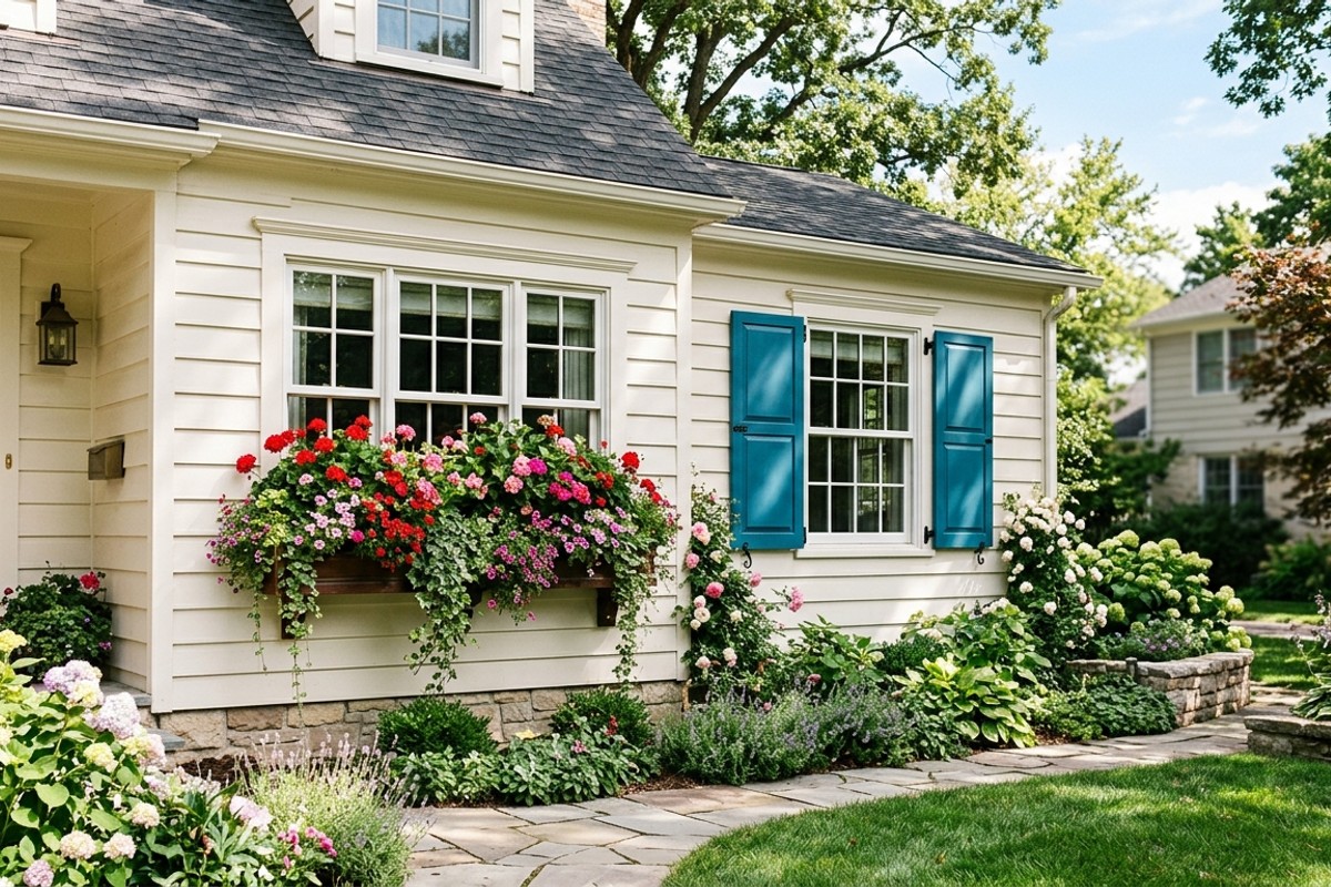 Windows with vibrant floral window boxes and bold custom-paneled shutters, enhancing exterior personality.