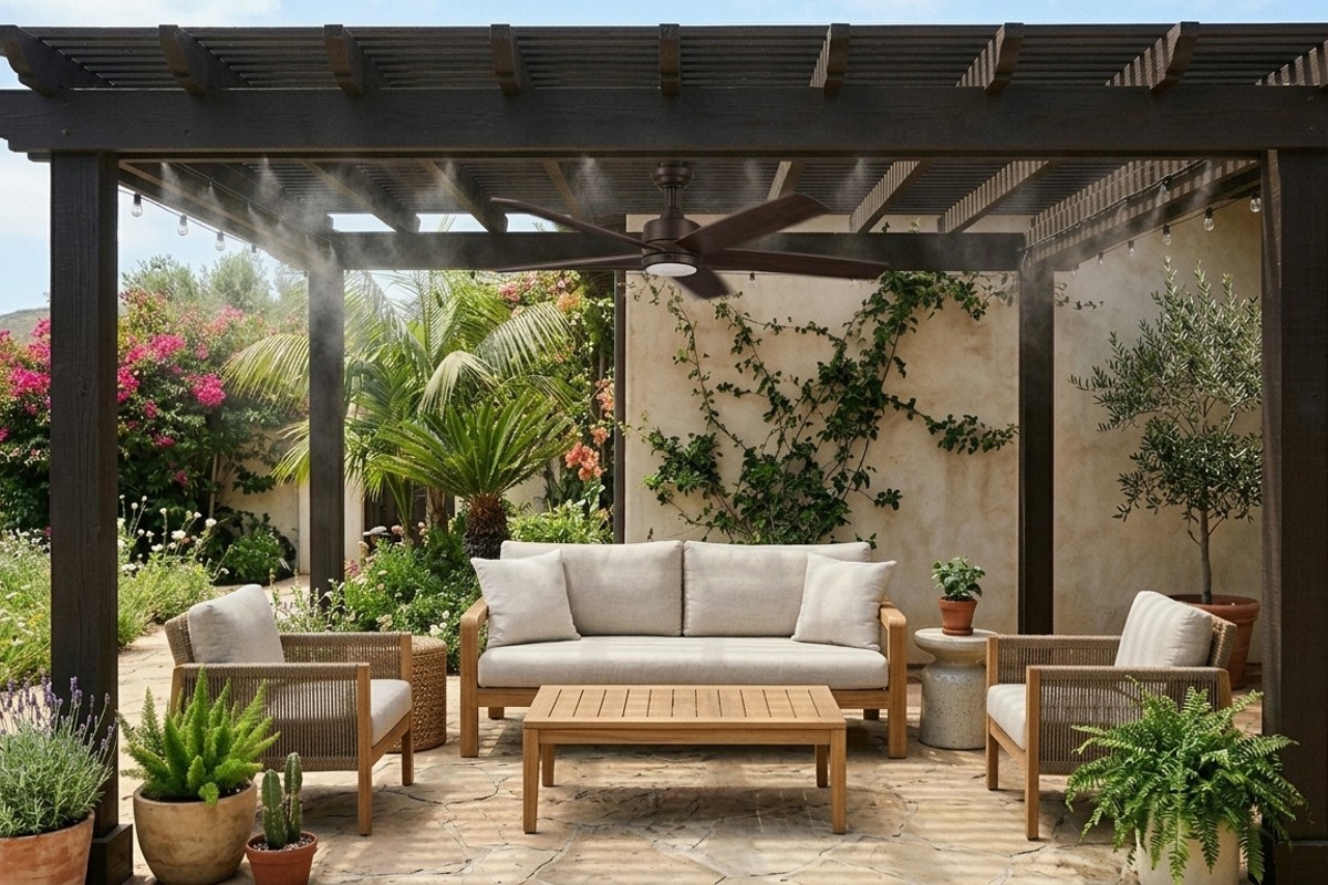 Patio with an outdoor ceiling fan providing cooling comfort in warm weather.