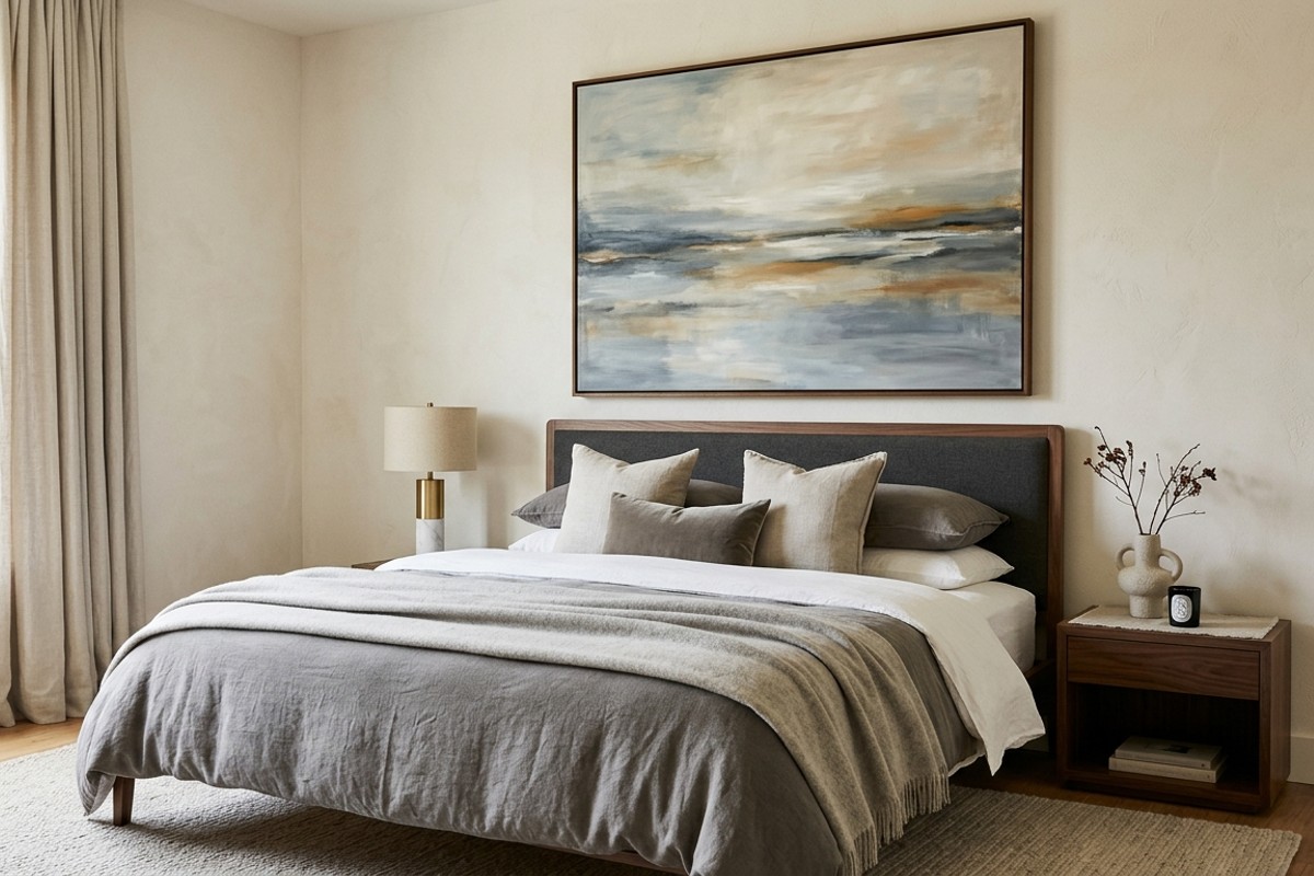 A sophisticated bedroom with a large abstract painting above the headboard and understated decor like a sculptural vase on the nightstand.