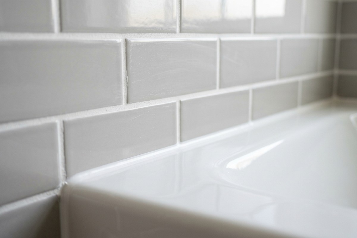 Close-up of freshly regrouted white subway tiles and new caulk around a clean bathtub