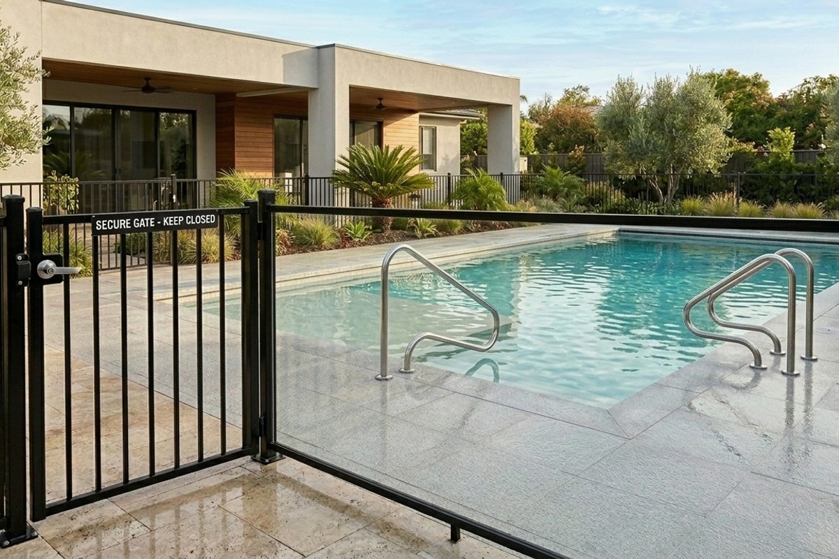 Pool area featuring a secure self-latching gate, a shallow sun shelf, non-slip decking, and handrails for safety